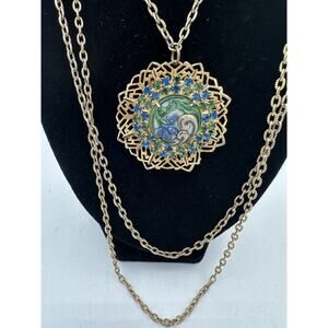 Vintage Gold-plated Filigree Enamel Floral Prong-set Rhinestone Pendant Necklace
